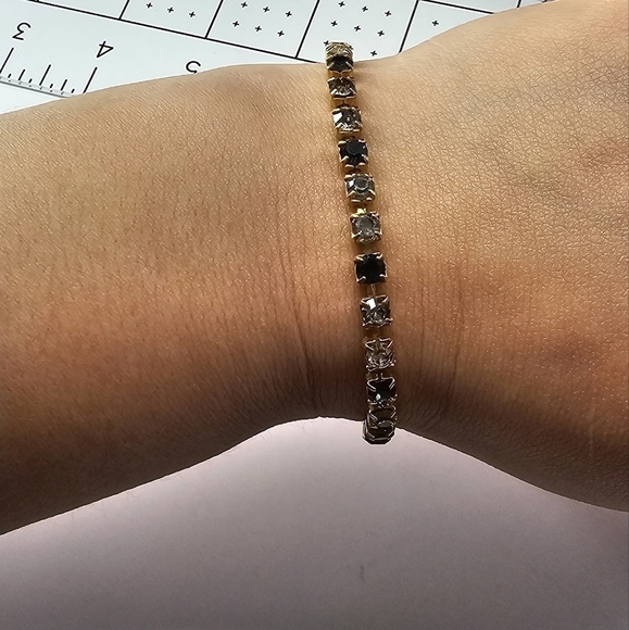 Vintage 90s Navy/Clear Rhinestones Gold Bracelet - Picture 3 of 7